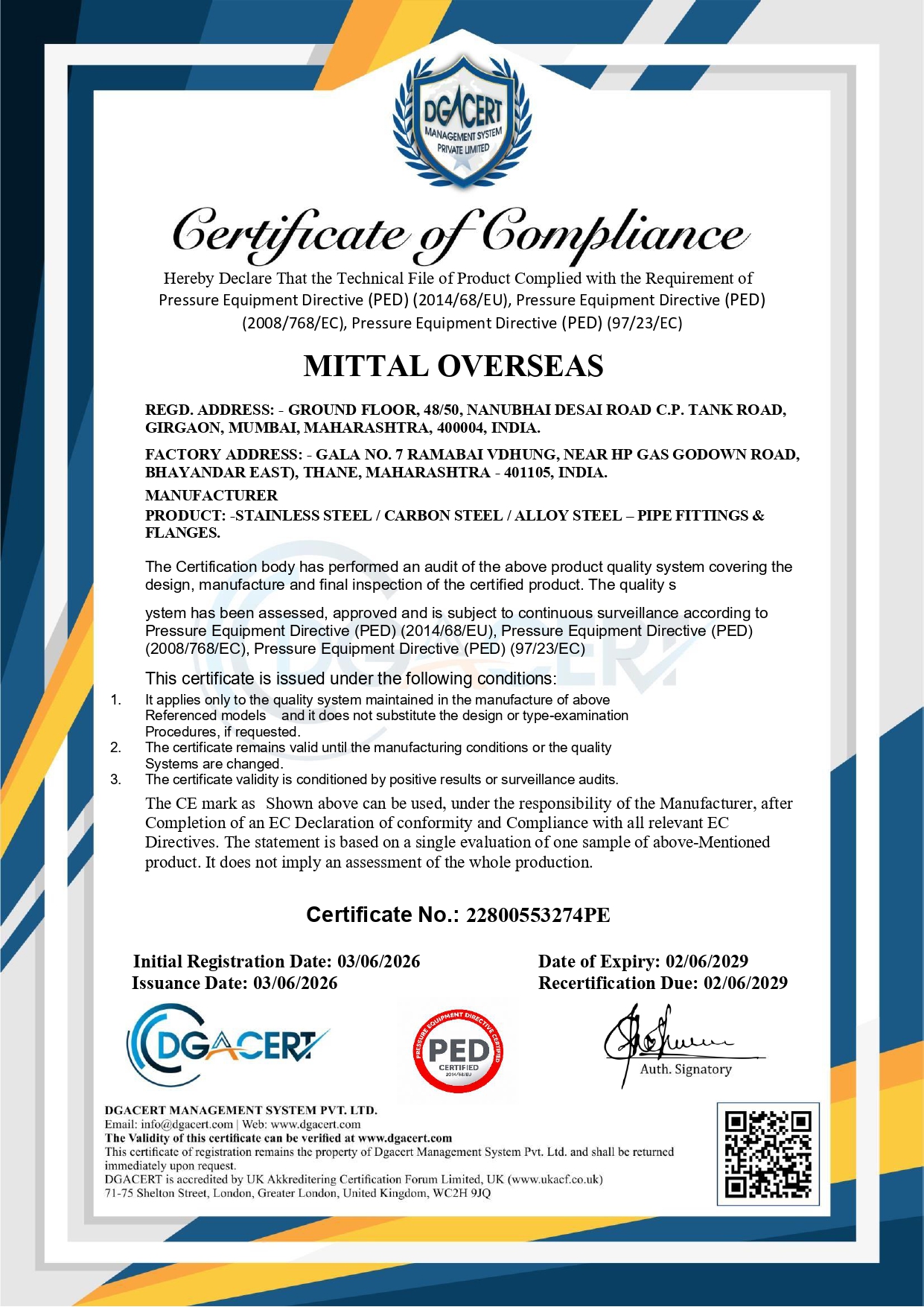 PED Certificate
